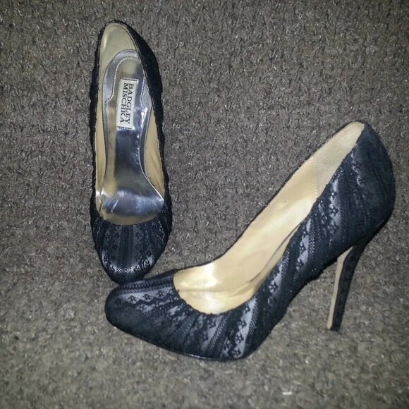 BADGLEY MISCHKA-BRYNN-Black Lace and Nude Pumps-Size 7.5M-Excellent - Picture 1 of 8